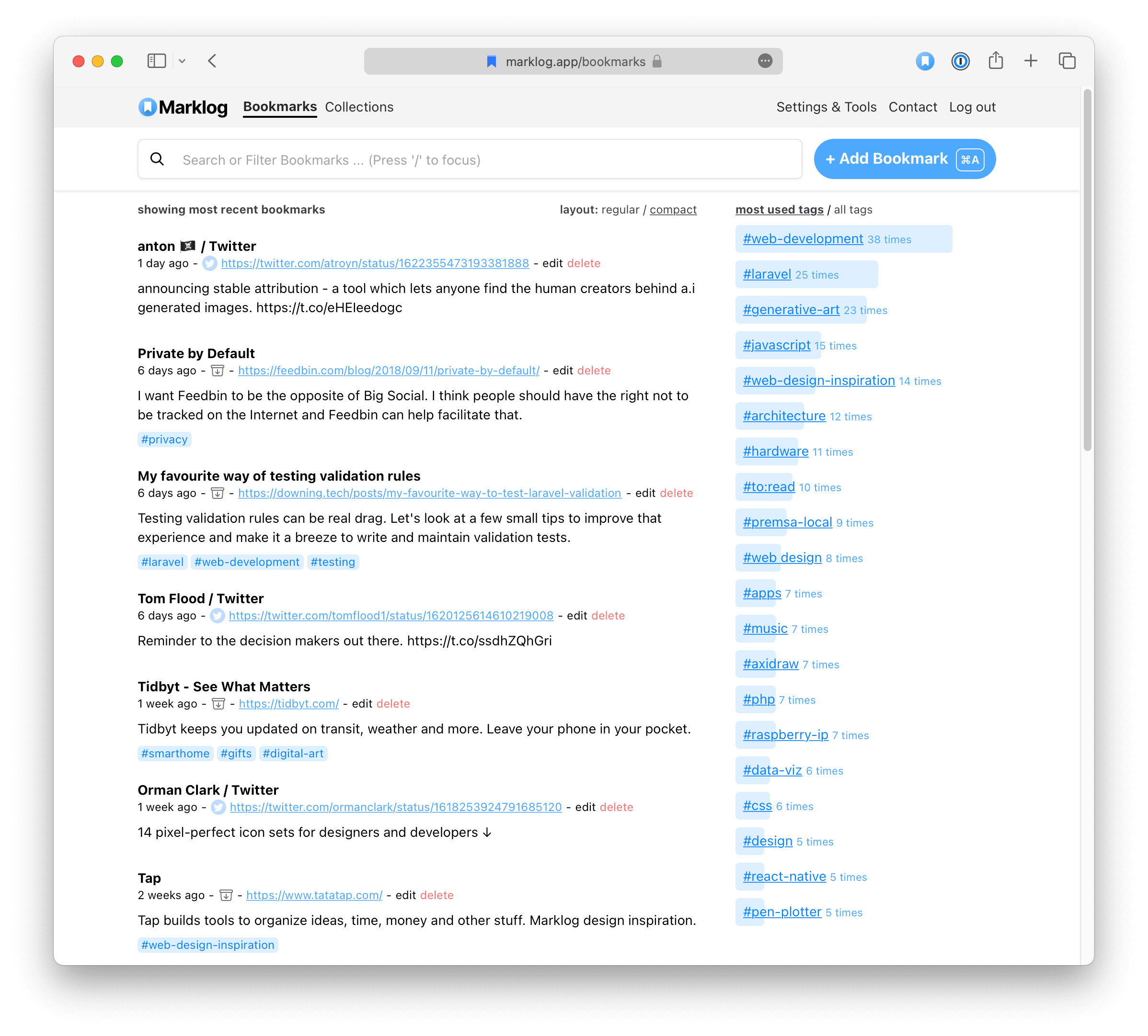 Marklog dashboard screenshot